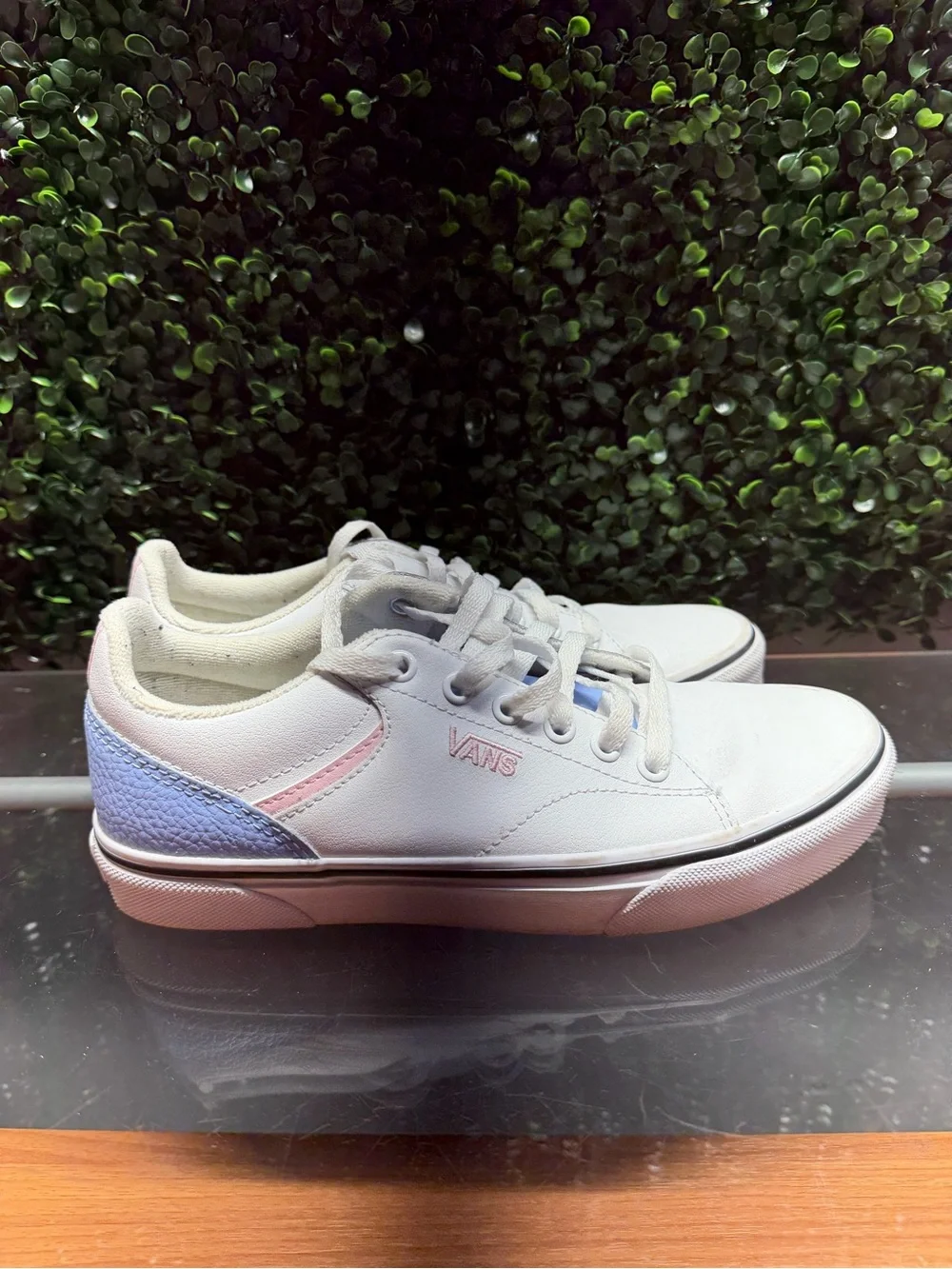 Vans White Low-Top Sneakers with Light Blue Heel & Pink Accent